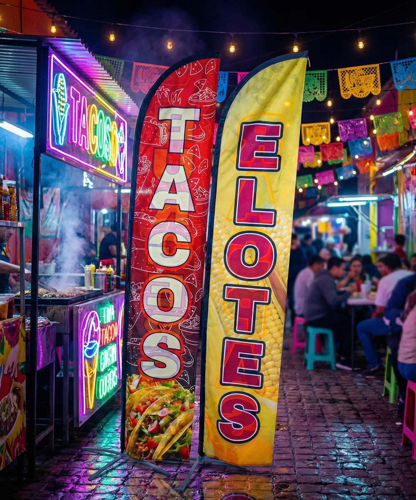 Banderas publicitarias tipo beach flag de noche